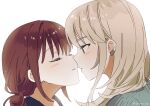  2girls brown_hair closed_mouth commentary earclip girls_band_cry grey_eyes habsida_(habsida_hpy) highres imminent_kiss iseri_nina kawaragi_momoka light_brown_hair long_hair looking_at_another multicolored_hair multiple_girls parted_lips portrait roots_(hair) short_twintails simple_background twintails twitter_username white_background yuri 