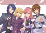  2boys 2girls absurdres athrun_zala black_gloves black_kimono blonde_hair blue_eyes blue_hair brother_and_sister brown_hair cagalli_yula_athha compass_uniform gloves green_eyes grey_jacket gundam gundam_seed gundam_seed_freedom hair_ornament hand_on_another&#039;s_hip hand_on_another&#039;s_shoulder highres jacket japanese_clothes kimono kira_yamato lacus_clyne locked_arms looking_at_viewer military_uniform multiple_boys multiple_girls necktie pant_suit pants pink_hair purple_eyes recording red_necktie siblings smile suit twins uniform user_kunf8626 v yellow_eyes 