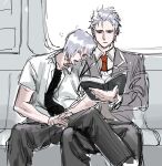  2boys book brothers closed_eyes closed_mouth dante_(devil_may_cry) devil_may_cry_(series) hair_slicked_back head_on_another&#039;s_shoulder head_rest highres holding holding_book leaning_on_person leaning_to_the_side male_focus multiple_boys necktie reading red_necktie sang_lyj school_uniform shirt siblings sitting sleeping sleeping_on_person train_interior train_station twins vergil_(devil_may_cry) 