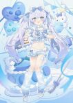  1girl :d animal_ears apron balloon bandaid bandaid_on_leg bear_ears blue_bow blue_eyes blue_shirt blue_shorts blue_theme blush bow cake crop_top fang fingerless_gloves food fork frills full_body gloves hair_bow heart heart_balloon heart_hands indie_virtual_youtuber long_hair looking_at_viewer loose_socks midriff navel open_mouth oversized_food oversized_object purple_hair ribbon shirt shoes short_sleeves shorts smile socks solo striped_clothes striped_shirt twintails usanta very_long_hair virtual_youtuber waist_apron white_apron 