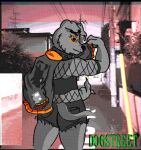  abstract_background anthro beckoning canid canine canis clothing collar domestic_dog female fishnet_clothing fur gesture grey_body grey_fur jacket mammal multiple_piercings onyx_raucher piercing pit_bull rubyyoulazycat solo text topwear trans_(lore) trans_woman_(lore) 