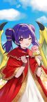  1girl ;d blue_sky blunt_bangs blush cloud dragon_wings dress eyelashes fire_emblem fire_emblem:_the_sacred_stones food highres holding holding_spoon ice_cream ice_cream_cone looking_at_viewer myrrh_(fire_emblem) one_eye_closed purple_hair red_eyes red_robe robe sky smile solo spoon twintails white_dress wings yuurururun 