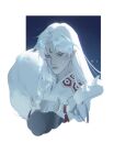  1boy crescent crescent_facial_mark eyeliner facial_mark forehead_mark inuyasha japanese_clothes long_hair makeup male_focus pointy_ears portrait sesshoumaru solo spikes whisker_markings white_hair yellow_eyes zzzi_gn 