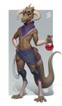  accessory ambiguous_gender anthro bag bandage belt black_sclera brown_body claws clothed clothing eyewear furgonomics goggles hi_res horn lizard midriff potion reptile scalie scar tail_accessory tail_bag w4g4 yellow_eyes 