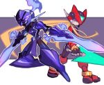  1boy armor blonde_hair ceruledge closed_mouth crossover dakusuta helmet highres holding holding_sword holding_weapon long_hair mega_man_(series) mega_man_zero pokemon pokemon_(creature) pokemon_(game) purple_eyes standing sword weapon zero_(mega_man) 