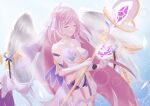  1girl angel_wings bare_shoulders bell black_shorts blue_background breasts bridal_garter cleavage closed_eyes clothing_cutout crystal_flower detached_sleeves elbow_gloves elysia_(herrscher_of_human:ego)_(honkai_impact) elysia_(honkai_impact) falling_feathers feathers gloves hair_between_eyes holding holding_staff honkai_(series) honkai_impact_3rd jufalin large_breasts long_hair pink_hair shirt short_shorts short_sleeves shorts side_cutout smile solo staff thighs very_long_hair white_gloves white_shirt wings 
