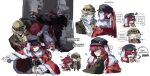  2girls :o absurdres animal_ears bessmert_(reverse:1999) black_hat black_vest blindfold blue_eyes blush brown_gloves brown_helmet brown_jacket cabbie_hat cape chibi chibi_inset cross_tie full_body fur-trimmed_cape fur_trim gloves goggles goggles_on_headwear grey_hair gyeol_124 hair_over_one_eye hand_in_another&#039;s_hair hat headpat helmet highres jacket korean_text long_sleeves multiple_girls multiple_views neckerchief one_eye_covered pith_helmet protecting puffy_long_sleeves puffy_sleeves red_cape red_hair reverse:1999 shirt speech_bubble sweat tail thought_bubble translation_request upper_body vest white_blindfold white_shirt yellow_neckerchief yenisei_(reverse:1999) 