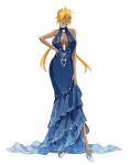  1girl bare_shoulders bleach blonde_hair blue_dress blue_footwear braised_goose breasts center_opening dark-skinned_female dark_skin dress full_body green_eyes halterneck hand_on_own_hip high_heels highres large_breasts long_hair low_twintails parted_lips sideboob solo tier_harribel tsurime twintails white_background 