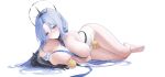 1girl absurdres alsace_(azur_lane) areola_slip azur_lane bare_shoulders barefoot between_breasts between_legs bird black_gloves black_tiara blue_eyes blue_hair blush breast_strap breastless_clothes breasts chick cleavage closed_mouth collarbone commentary_request detached_collar dress elbow_gloves gauntlets gloves hair_between_eyes hair_ornament halo halo_behind_head hei_wuchang highres huge_breasts long_hair looking_at_viewer lying manjuu_(azur_lane) no_mask on_side parted_bangs ribbon sidelocks simple_background single_elbow_glove single_gauntlet solo_focus strap_between_breasts thighs tiara very_long_hair white_background white_dress 