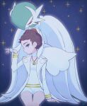  1girl aqua_eyes arm_support brown_hair choker coat commentary_request diantha_(pokemon) eyeshadow gardevoir hand_up highres holding_hands jewelry long_sleeves makeup mega_gardevoir necklace noi_(noi_pk27) open_clothes open_coat overalls pokemon pokemon_(creature) pokemon_xy short_hair sitting sparkle white_choker white_coat white_overalls 
