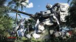  3d absurdres ammunition_box backpack bag blue_sky cannon cloud damaged dirty english_commentary english_text grass ground_gundam gundam gundam_08th_ms_team highres kneeling machinery mecha michaellee4 mobile_suit palm_tree rainforest realistic robot sky title tree war 