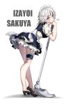  1girl black_footwear character_name derivative_work full_body high_heels highres holding holding_mop izayoi_sakuya leaning_forward looking_at_viewer maid maid_headdress mop purple_eyes simple_background solo sweatdrop touhou white_background white_hair ycl_090 