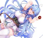  1girl ahoge armpits arms_up bangs bare_arms bare_shoulders belt black_corset blue_bow blue_bowtie blue_coat blue_hair blue_skirt bow bowtie braid breasts brown_belt center_frills cleavage cleavage_cutout clothing_cutout coat colored_tips corset dutch_angle elf flower frilled_shirt frilled_skirt frilled_thighhighs frills hair_between_eyes hair_flower hair_ornament heart heart_ahoge hololive impossible_clothes impossible_shirt large_breasts leather_belt long_hair looking_at_viewer miniskirt multicolored_hair no_headwear open_mouth pointy_ears pondel shirt skindentation skirt sleeveless sleeveless_shirt smile snowflake_print solo thighhighs underbust very_long_hair virtual_youtuber w_arms white_shirt white_thighhighs yellow_eyes yukihana_lamy 
