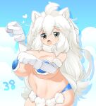  1girl ahoge animal_ear_fluff animal_ears animal_hands bikini bikini_bottom_only blue_bikini blue_sky blush breasts cloud commentary_request cowboy_shot elbow_gloves fang fur-trimmed_gloves fur-trimmed_pasties fur_bikini fur_collar fur_trim gloves grey_eyes hair_between_eyes heart highres kemono_friends large_breasts lets0020 lion_ears lion_girl lion_tail long_hair looking_at_viewer medium_bangs navel numbered open_mouth pasties paw_gloves paw_pose sky solo swimsuit tail very_long_hair white_gloves white_hair white_lion_(kemono_friends) 