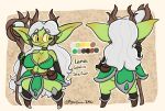  anthro armor breasts female front_view goblin green_body grey_hair hair hi_res lewdchuu_(artist) model_sheet navel rear_view short_stack solo stick yellow_eyes 