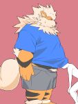  2024 anthro anthrofied arcanine belly black_nose bottomwear clothing duo generation_1_pokemon hi_res inunoshippo kemono male nintendo overweight overweight_male pokemon pokemon_(species) shirt shorts simple_background size_difference topwear 
