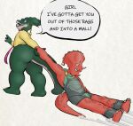  2024 annoyed anonymous_artist anonymous_colorist anthro bottomless bottomless_anthro bottomless_female ceratopsian charlene_sinclair clothed clothing crossover dinosaur dinosaurs_(series) dragging dragging_another duo english_text extinct female green_body green_scales idw_publishing mature_female ornithischian prehistoric_species protoceratops red_body red_scales reptile scales scalie seri_(tmnt) simple_background speech_bubble teenage_mutant_ninja_turtles text triceraton triceratops white_background 