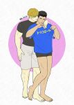  2boys ao_isami arm_on_another&#039;s_shoulder bara black_hair blonde_hair borrowed_clothes couple facial_hair full_body hi_bibibi highres lewis_smith male_focus micro_shorts multiple_boys muscular muscular_male shirt short_shorts shorts sideburns_stubble smile standing stubble t-shirt thick_eyebrows two-tone_background yaoi yuuki_bakuhatsu_bang_bravern 