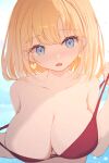  1girl :o bare_shoulders bikini blonde_hair blue_eyes blush breasts cleavage collarbone earrings head_tilt heart heart_earrings highres holly_(ruptonotty) hololive hololive_english jewelry large_breasts looking_at_viewer medium_hair ocean open_mouth red_bikini solo strap_pull swept_bangs swimsuit upper_body watson_amelia 