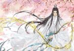  1boy blue_ribbon blurry brown_hair chinese_clothes chinese_commentary chu_wanning closed_mouth depth_of_field erha_he_tadebai_mao_shizun expressionless falling_petals flower grey_eyes hair_bun hanfu holding holding_weapon holding_whip jing_shu long_hair long_sleeves looking_at_viewer male_focus official_art petals ribbon solo tree weapon whip white_hanfu white_ribbon wide_sleeves wind wind_lift xiao_guan_(headdress) 