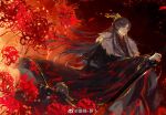  1boy black_hair black_hanfu capelet chinese_clothes chinese_commentary closed_mouth dragon_print embers erha_he_tadebai_mao_shizun flower fur-trimmed_capelet fur_trim hair_bun hanfu holding holding_sword holding_weapon jing_shu light_smile long_hair long_sleeves looking_at_viewer male_focus mo_ran official_art purple_eyes reverse_grip solo spider_lily sword tassel weapon weibo_watermark wide_sleeves xiao_guan_(headdress) 