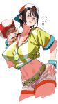  1girl backwards_hat baseball_cap black_hair blue_eyes breasts hand_on_own_hip hat highres hololive large_breasts looking_at_viewer mushroom navel oozora_subaru oozora_subaru_(1st_costume) open_mouth shirt short_hair sideways_hat solo stopwatch stopwatch_around_neck striped_clothes striped_shirt super_mushroom sweatband swept_bangs tied_shirt translation_request two-tone_headwear uzuradobin vertical-striped_clothes vertical-striped_shirt virtual_youtuber 