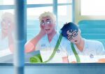  2boys absurdres bag blonde_hair blue_hair blush collared_shirt gaydio_zrong glasses headphones highres looking_at_another male_focus multiple_boys open_mouth original reflection shared_headphones shirt short_hair shoulder_bag sitting sleeping sleeping_on_person smile white_shirt yaoi 