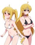  2girls absurdres ahoge anger_vein angry bikini black_bikini blonde_hair blush bocchi_the_rock! breasts brown_eyes closed_mouth collarbone commentary_request crossed_arms eggman_(pixiv28975023) highres ijichi_nijika ijichi_seika long_hair looking_at_viewer multiple_girls navel partially_shaded_face siblings side-tie_bikini_bottom side_ponytail sidelocks simple_background sisters small_breasts standing sweat swimsuit v-shaped_eyebrows white_background white_bikini worried 
