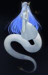  1girl animal_ears black_background blue_eyes blue_hair closed_mouth colored_skin dress full_body habit head_fins highres lamia long_hair long_sleeves looking_at_viewer monster_girl original ruteko_(ruko220) simple_background solo very_long_hair white_dress white_skin 