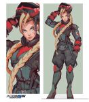  absurdres alternate_costume blonde_hair braid canny concept_art f-zero helmet highres long_hair looking_at_viewer multiple_views scar street_fighter tstockwell twin_braids 