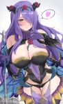  1girl absurdres black_panties blush breasts camilla_(fire_emblem) cleavage elbow_gloves fire_emblem fire_emblem_heroes flower gloves hair_over_one_eye highres holding long_hair looking_at_viewer panties peli_cantaro purple_eyes purple_gloves purple_hair red_flower red_rose rose smile solo thighs twitter_username underwear 