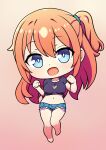  1girl barefoot black_shirt blue_eyes breasts bright_pupils chibi chibi_only cropped_shirt denim denim_shorts full_body gradient_background heart highres jumping large_breasts long_hair midriff navel one_side_up open_mouth orange_hair original pink_background rainbow_gradient shirt shorts sksource solo t-shirt w_arms white_pupils 