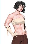  1girl absurdres bandaged_arm bandages black_hair brown_pants cassandra_(tangled) cowboy_shot green_eyes hands_on_own_hips highres lara_jenn looking_to_the_side no_shirt pants parted_lips scar scar_on_stomach short_hair solo sweat tangled white_background 