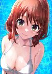  1girl bikini blue_background blush breasts brown_eyes brown_hair cleavage closed_mouth collarbone commentary girls_band_cry halterneck highres iseri_nina light_particles looking_at_viewer low_twintails makaichance medium_breasts short_hair short_twintails sidelocks smile solo swimsuit twintails variant_set white_bikini 