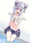  1girl amane_kanata amane_kanata_(7th_costume) angel_wings bare_shoulders bikini bikini_top_only black_ribbon blue_eyes blue_hair blue_skirt blush bow breasts choker commentary double_bun grey_hair hair_bow hair_bun hair_ornament hand_up highres hololive lace lace_choker looking_at_viewer mini_wings multicolored_hair navel oniku_(o29sukizero) parted_lips pink_bow pleated_skirt ribbon sitting skirt small_breasts soaking_feet solo streaked_hair swimsuit thighs virtual_youtuber white_bikini white_wings wings x_hair_ornament 