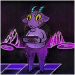  2023 2_horns 4_fingers anthro black_background black_hooves black_wings black_wristband blue_horn bovid breasts caprine caprine_demon colored demon digital_drawing_(artwork) digital_media_(artwork) dreamjakl eyelashes facial_hair feathered_wings feathers female fingers floor fur glitter_goat goat_demon goatee heart_(marking) herm herm_(lore) hi_res holding_object holding_tablet hooves horn intersex mammal markings mouth_closed navel nipples nude overweight overweight_anthro overweight_intersex purple_body purple_facial_hair purple_fur purple_goatee simple_background smile solo tablet thick_thighs tile tile_floor wings yellow_eyes yellow_nipples 