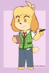  animal_crossing anthro barefoot bottomwear canid canine canis clothed clothing crossgender domestic_dog feet fully_clothed hi_res isabelle_(animal_crossing) male mammal necktie nintendo pants porldraws shih_tzu shirt simple_background solo sweater sweater_vest topwear toy_dog vest 