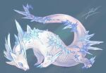  animal_focus blue_background blue_eyes blue_pupils claws crystal crystallization dragon from_side full_body material_growth no_humans original signature simple_background solo tail yamamura_le 