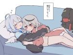  2girls ahoge amane_kanata black_hair black_jacket blue_hair blush closed_eyes closed_mouth couch grey_hair hololive hug jacket kiga104 long_sleeves lying lying_on_person multicolored_hair multiple_girls on_back on_couch on_stomach open_mouth pillow red_eyes sakamata_chloe sleeping streaked_hair translation_request virtual_youtuber zzz 