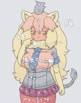  1girl :3 animal_ear_fluff animal_ears blonde_hair blue_necktie blush breasts closed_mouth commentary_request cowboy_shot elbow_gloves fur_collar gloves grey_background grey_eyes grey_hair grey_shirt highres kemono_friends large_breasts lets0020 lion_ears lion_girl lion_tail long_hair looking_at_viewer medium_bangs multicolored_hair necktie numbered pantyhose pink_hair plaid plaid_necktie plaid_skirt red_pantyhose red_skirt shirt sidelocks skirt smile solo tail white_lion_(kemono_friends) yellow_gloves 