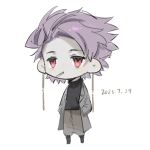  1boy black_sweater brown_pants chibi chibi_only cigarette coat dated earrings grey_coat hands_in_pockets highres jewelry long_sleeves male_focus open_clothes open_coat pants purple_hair red_eyes sa_you_jia saibou_shinkyoku short_hair simple_background sketch solo sweater theodore_riddle white_background 