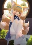  1girl absurdres animal_ear_fluff animal_ears arknights bangs bare_shoulders bed_sheet blonde_hair blue_hairband blue_skirt braid crossed_legs fox_ears fox_girl fox_tail frilled_skirt frills green_eyes hair_between_eyes hair_rings hairband hand_up head_tilt highres indoors kitsune knees_up legs looking_at_viewer multicolored_hair no_shoes panties panties_under_pantyhose pantyhose plant potted_plant rh_huinai round_window rubbing_eyes shirt sitting skirt soles solo suzuran_(arknights) tail thighband_pantyhose twin_braids two-tone_hair underwear white_hair white_panties white_pantyhose white_shirt window 