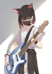  1girl animal_ears bass_guitar black_collar black_hair black_jacket black_mask blue_archive cat_ears clothes_around_waist collar colored_inner_hair commentary earclip earrings extra_ears facing_viewer highres holding holding_instrument holding_plectrum instrument jacket jacket_around_waist jewelry kazusa_(band)_(blue_archive) kazusa_(blue_archive) looking_down mask mouth_mask multicolored_hair music naruto_maki_(naruto05) official_alternate_costume pink_hair playing_instrument plectrum red_eyes shirt short_hair short_sleeves solo standing stud_earrings upper_body white_shirt wristband 