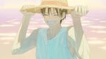  1boy alternate_costume bare_shoulders black_hair clenched_teeth closed_eyes commentary_request hat highres korean_commentary male_focus monkey_d._luffy one_piece outdoors scar scar_on_cheek scar_on_face short_hair sleeveless smile solo straw_hat tank_top teeth umulumul1020 water white_tank_top 