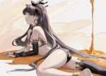  1girl absurdres ass bangs bare_legs barefoot bikini black_hair black_thighhighs breasts cotta_(heleif) elbow_gloves fate/grand_order fate_(series) gloves highres ishtar_(fate) long_hair looking_at_viewer looking_back pouring red_eyes solo swimsuit thighhighs twintails 