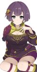  1girl absurdres alternate_breast_size bernadetta_von_varley bike_shorts breasts capelet cleavage earrings fire_emblem fire_emblem:_three_houses grey_eyes hair_ornament highres jewelry kocha_(jgug7553) large_breasts long_sleeves open_mouth purple_hair purple_shorts short_hair short_shorts shorts simple_background smile solo thighhighs white_background 