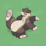  1:1 anthro brown_body brown_fur fur hi_res hypnosis lying mammal mind_control multicolored_eyes mustelid on_back one_eye_closed open_mouth otter paws plushie plushophilia raised_paw signature solo spread_legs spreading stitch_(sewing) symrea transformation 