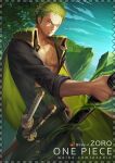  1boy abs black_eyes character_name closed_mouth commentary english_text green_hair holding holding_sword holding_weapon katana looking_at_viewer male_focus one_eye_closed one_piece roronoa_zoro scar scar_across_eye scar_on_chest scar_on_face short_hair solo sword weapon web_address weibo_logo weibo_watermark zhang_ding 