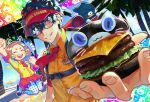  1boy 1girl ^_^ absurdres amamiya_ren andrich_galam arm_up burger cat cheese clenched_hand closed_eyes collared_shirt food glasses hat heart highres jumping lettuce morgana_(persona_5) necktie okumura_haru open_mouth palm_tree persona persona_5 print_headwear print_shirt red_hat red_necktie shirt smile teeth tree upper_teeth_only visor_cap whiskers yellow_shirt 