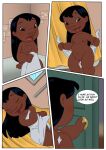  absurd_res black_body black_hair comic disney door drying_butt english_text eyes_closed female genitals hair hi_res human lilo_and_stitch lilo_pelekai mammal navel nipples open_mouth pokachu_(artist) pussy solo text towel towel_only towel_wrap 